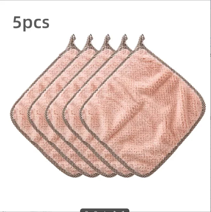 5pcs Soft Reusable Dish Towels, 9.8x9.8in Coral Fleece Cleaning Rags, Household Absorbent Non-shedding Dishwashing Cloth, Double