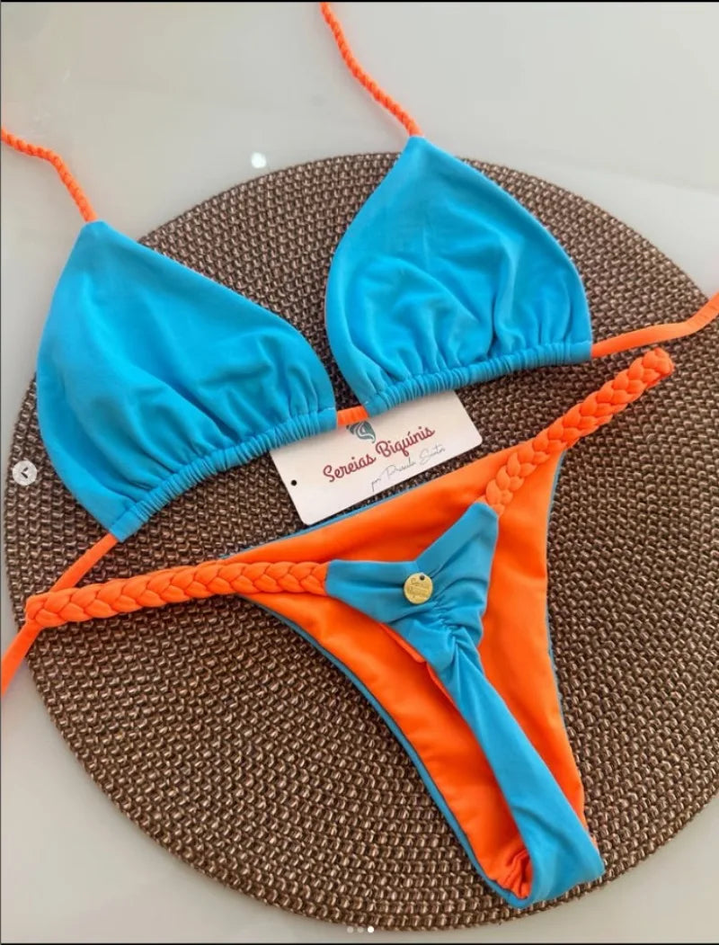 2026 New Bikinis Women Swimsuit Sexy Swimwear Halter Bikini Set Lace-up Biquine Brasileiro Thong Print Beachwear Party Wear