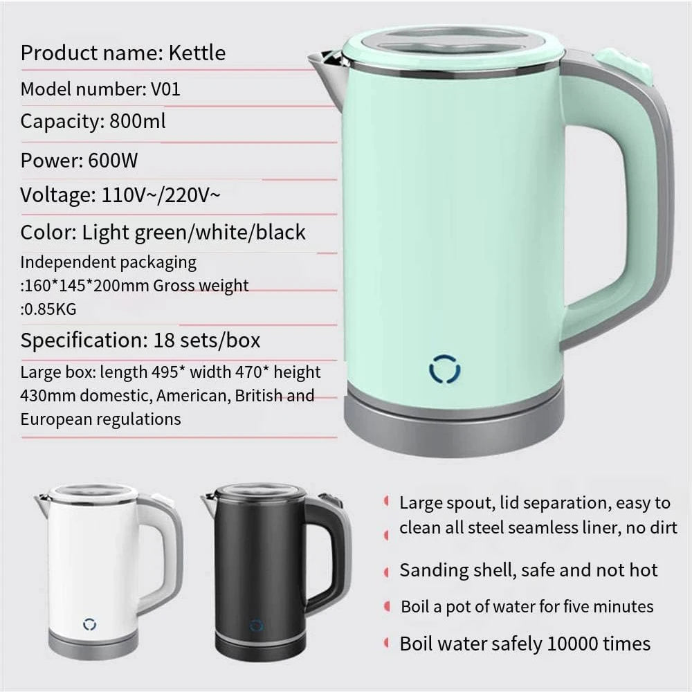 110V/220V Electric Kettle 0.8L Portable Travel Kettle Stainless Steel Liner With Auto Shut-Off 600W 5Mins Fast Boil Home Kettle