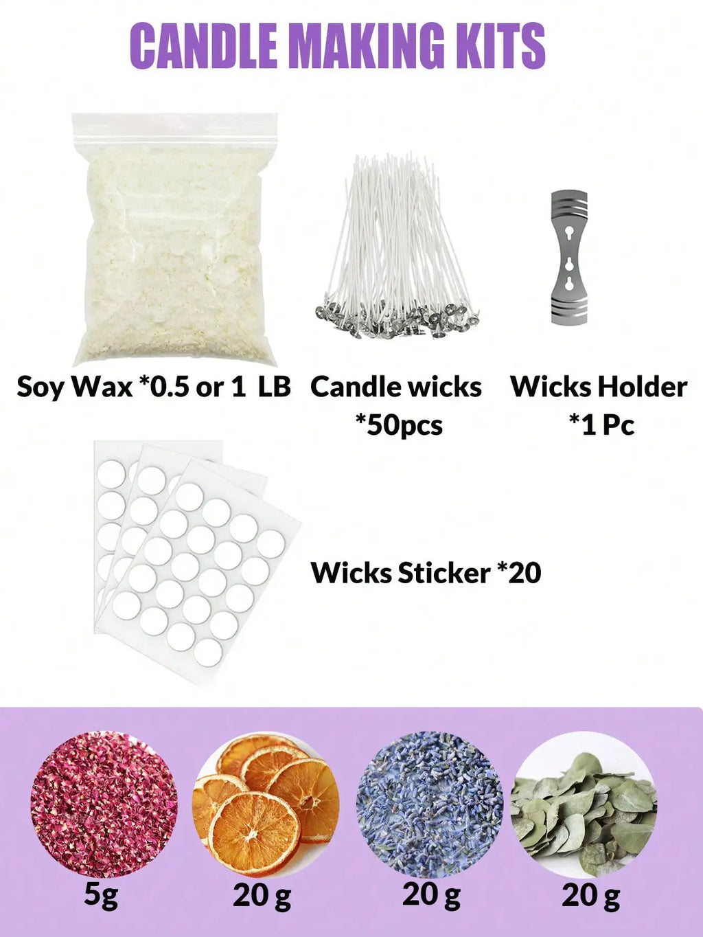 0.5LB Candle Making Kit Supplies, Soy Wax DIY Candle Making, With Soy Candle Wax, Candle Wicks, Fragrance Dried Flower