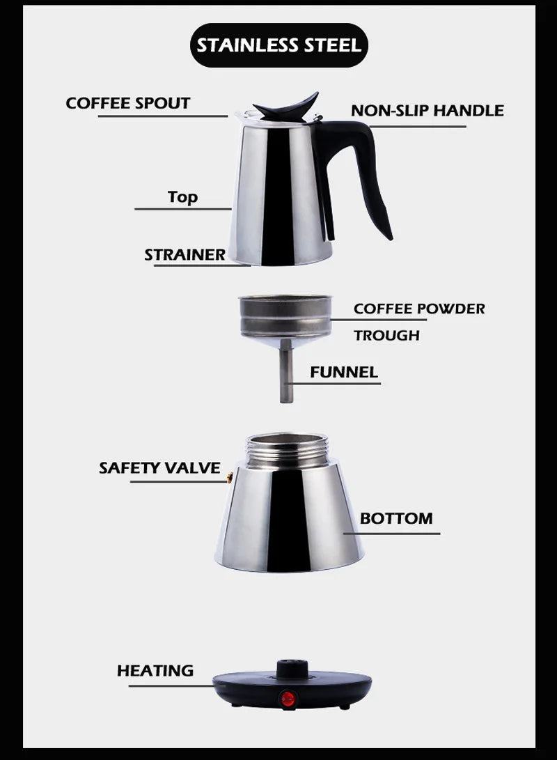 110V/220V Electric Coffee Maker 300ml 304 Stainless Steel Mocha Pot Electric Italian Coffee Maker Percolator for Home