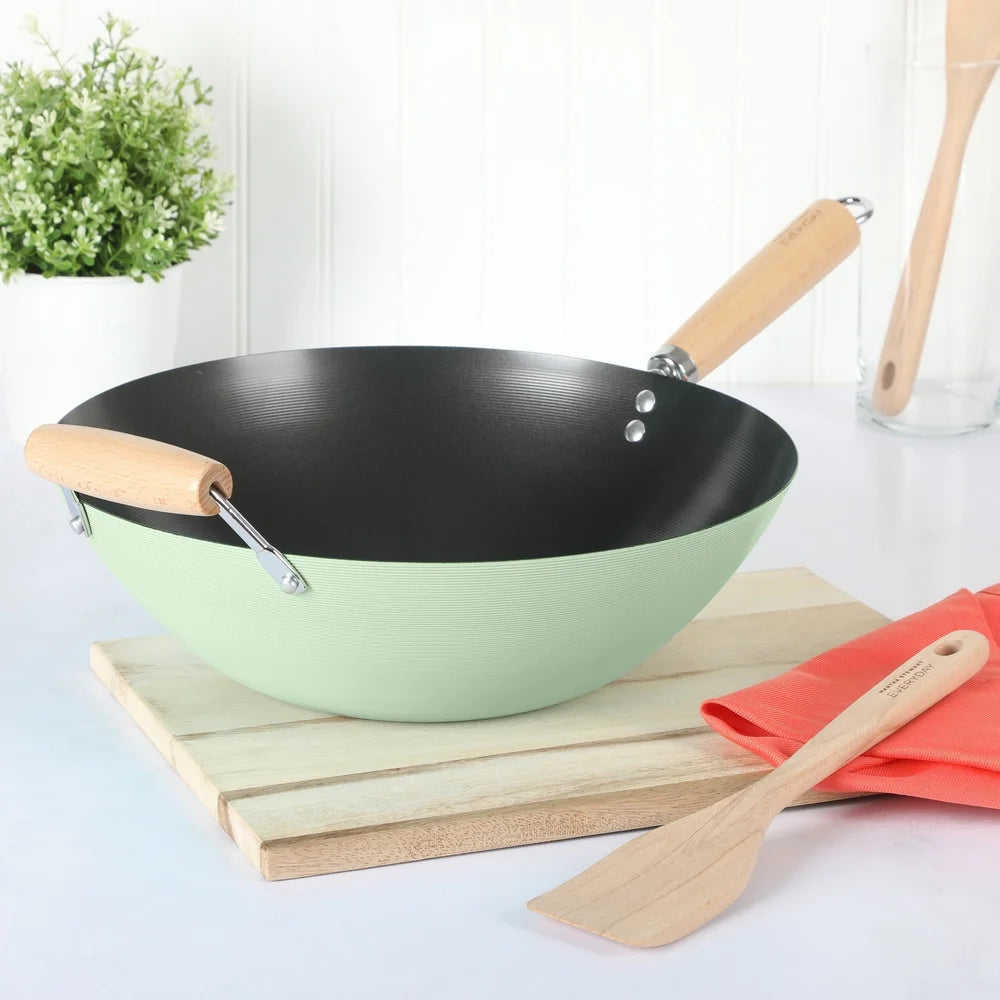 Carbon Steel Wok Nonstick 14 Inch Cooking Pan Dishwasher Safe Suitable All Stovetops Induction Gas Electric Even Heat