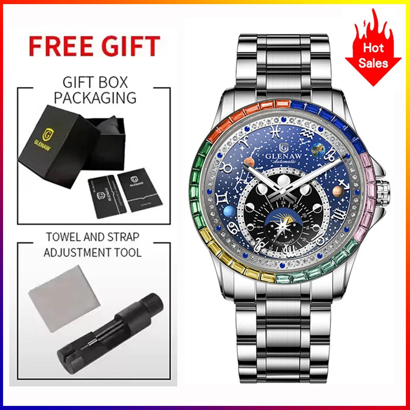 2025 New GLENAW Rainbow Circle Mechanical Watch Men Constellation dial Design Night Light Waterproof Top Luxury Mechanical Watch