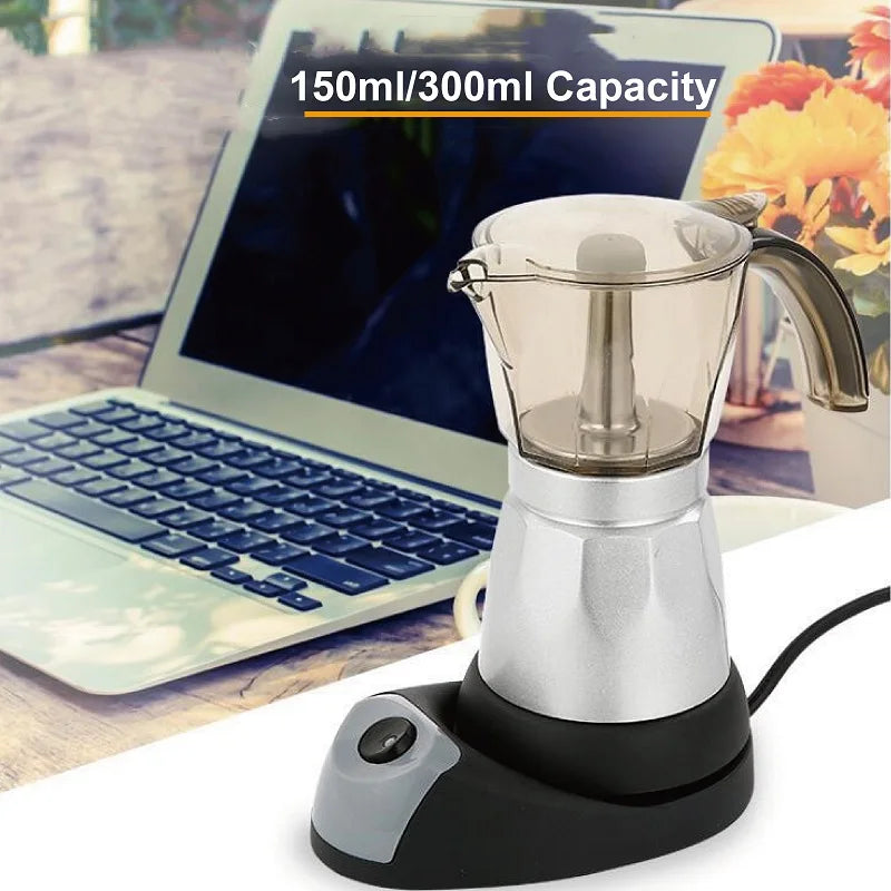 150ml/300ml Electric Coffee Maker Cups Aluminum Mocha Pot 480W Electric Italian Coffee Maker Percolator for Home Silver 3/6Cups