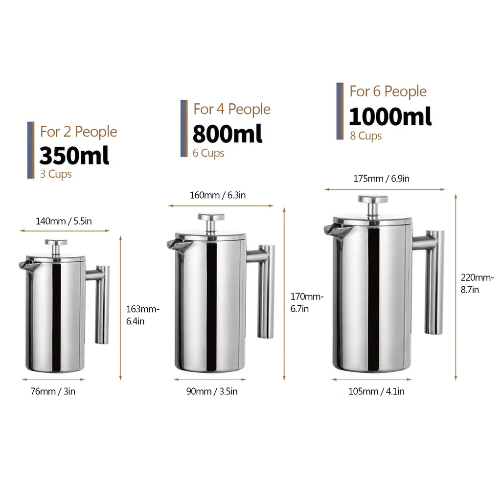 Coffee Maker Stainless Steel Double Walled Insulated Coffee   Maker Pot 350ml/800ml/1000ml French Press