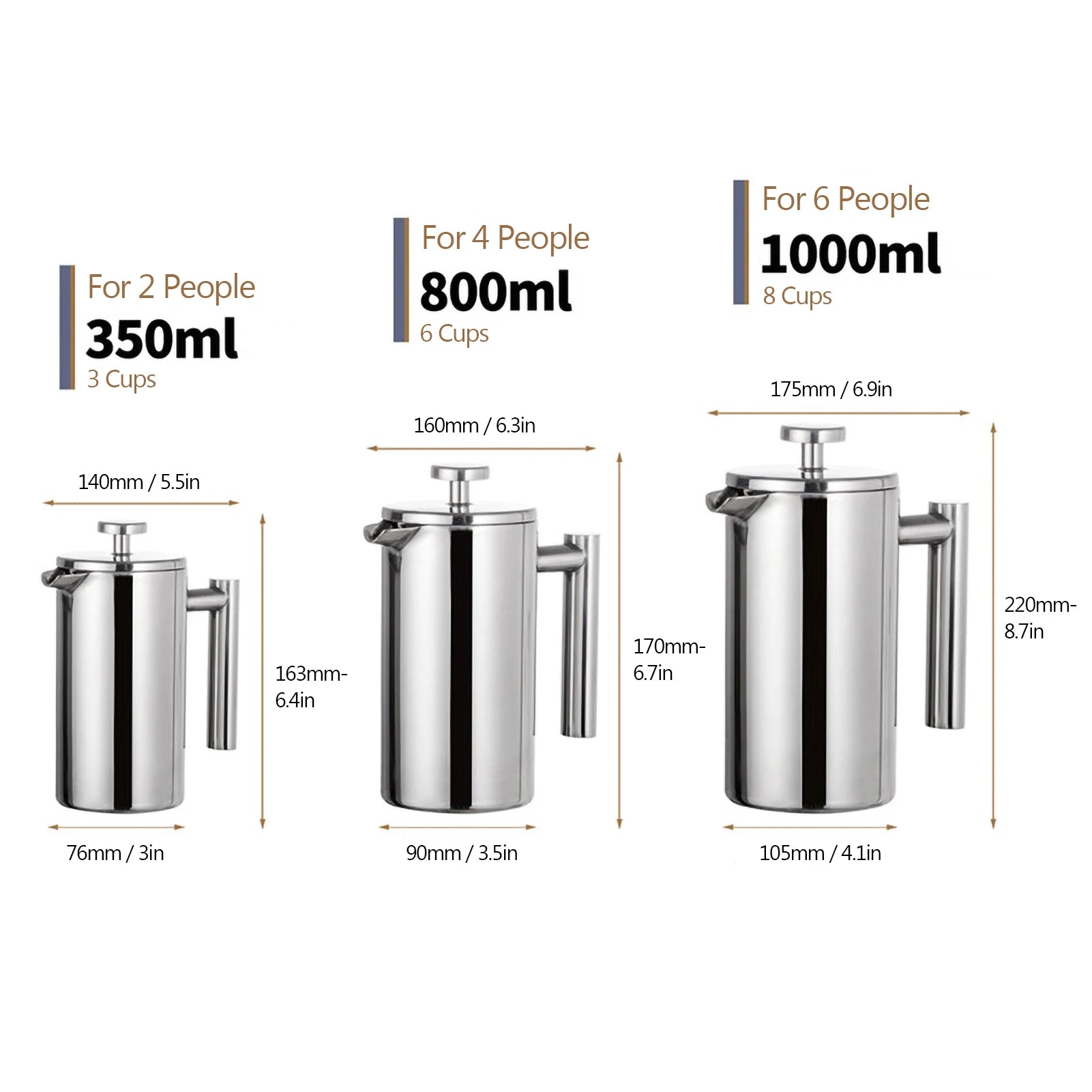 Coffee Maker Stainless Steel Double Walled Insulated Coffee   Maker Pot 350ml/800ml/1000ml French Press