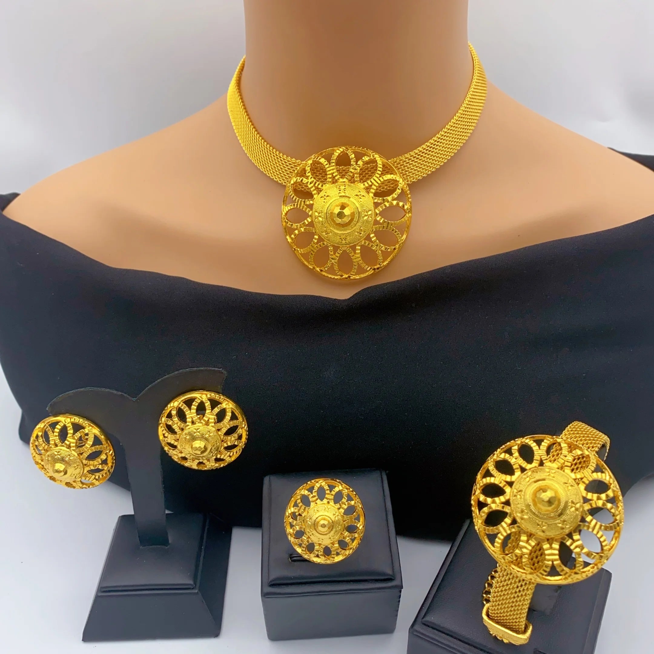 Ethiopian 24k Gold Color Charm Necklace Earrings Set For Lady Africa Big Pendant Choker Jewelry Wedding Party Accessories