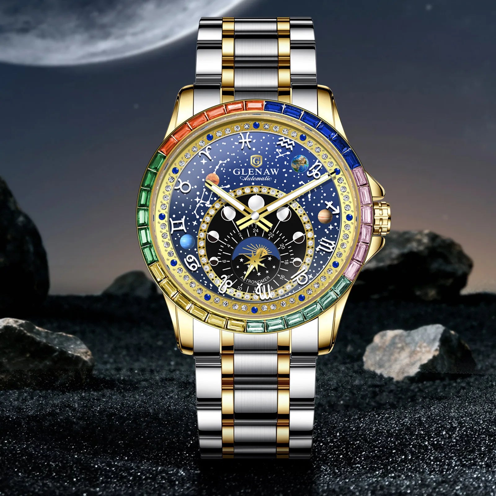 2025 New GLENAW Rainbow Circle Mechanical Watch Men Constellation dial Design Night Light Waterproof Top Luxury Mechanical Watch