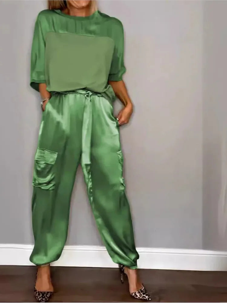 2024 Spring Women's New Fashionable Smooth Satin Half Sleeve Top With Strap Pants Pocket Set Half Sleeve Pants Two Piece Set