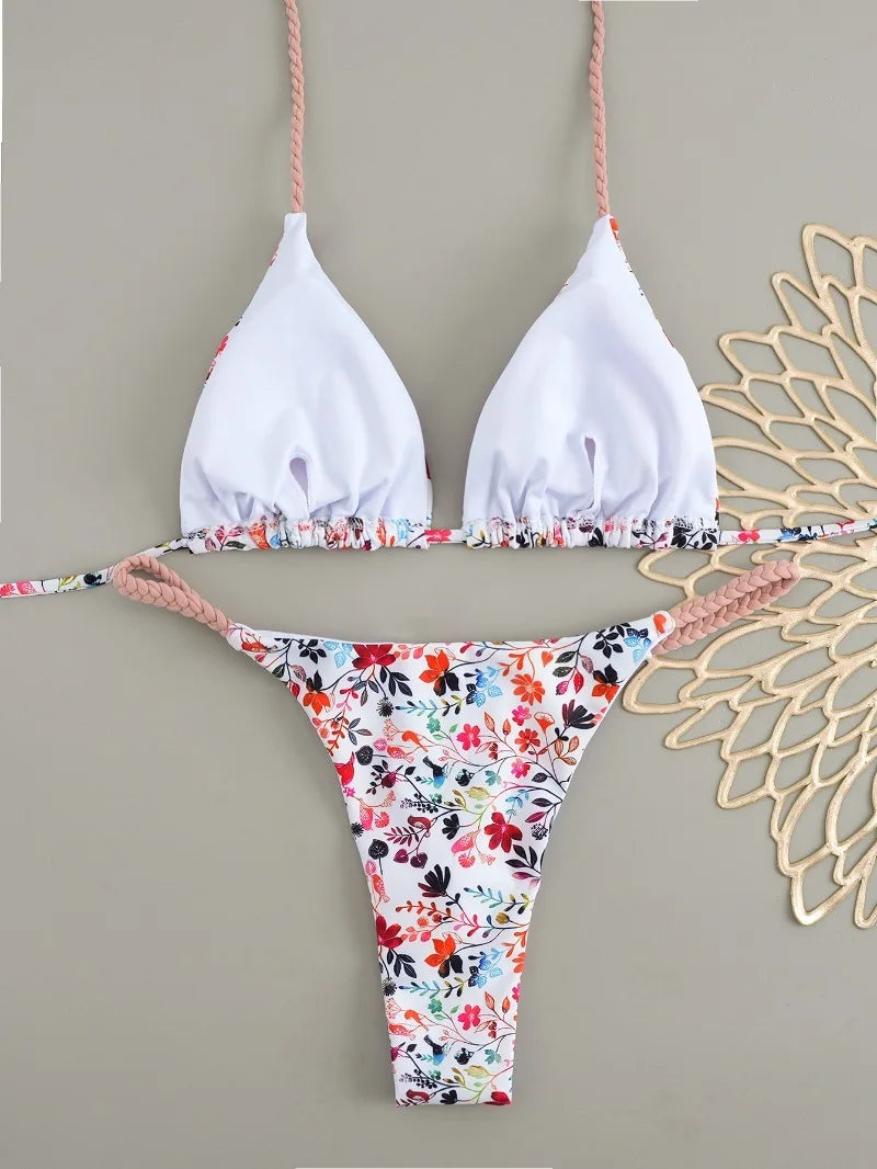 2026 New Bikinis Women Swimsuit Sexy Swimwear Halter Bikini Set Lace-up Biquine Brasileiro Thong Print Beachwear Party Wear