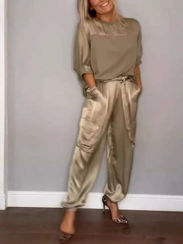 2024 Spring Women's New Fashionable Smooth Satin Half Sleeve Top With Strap Pants Pocket Set Half Sleeve Pants Two Piece Set