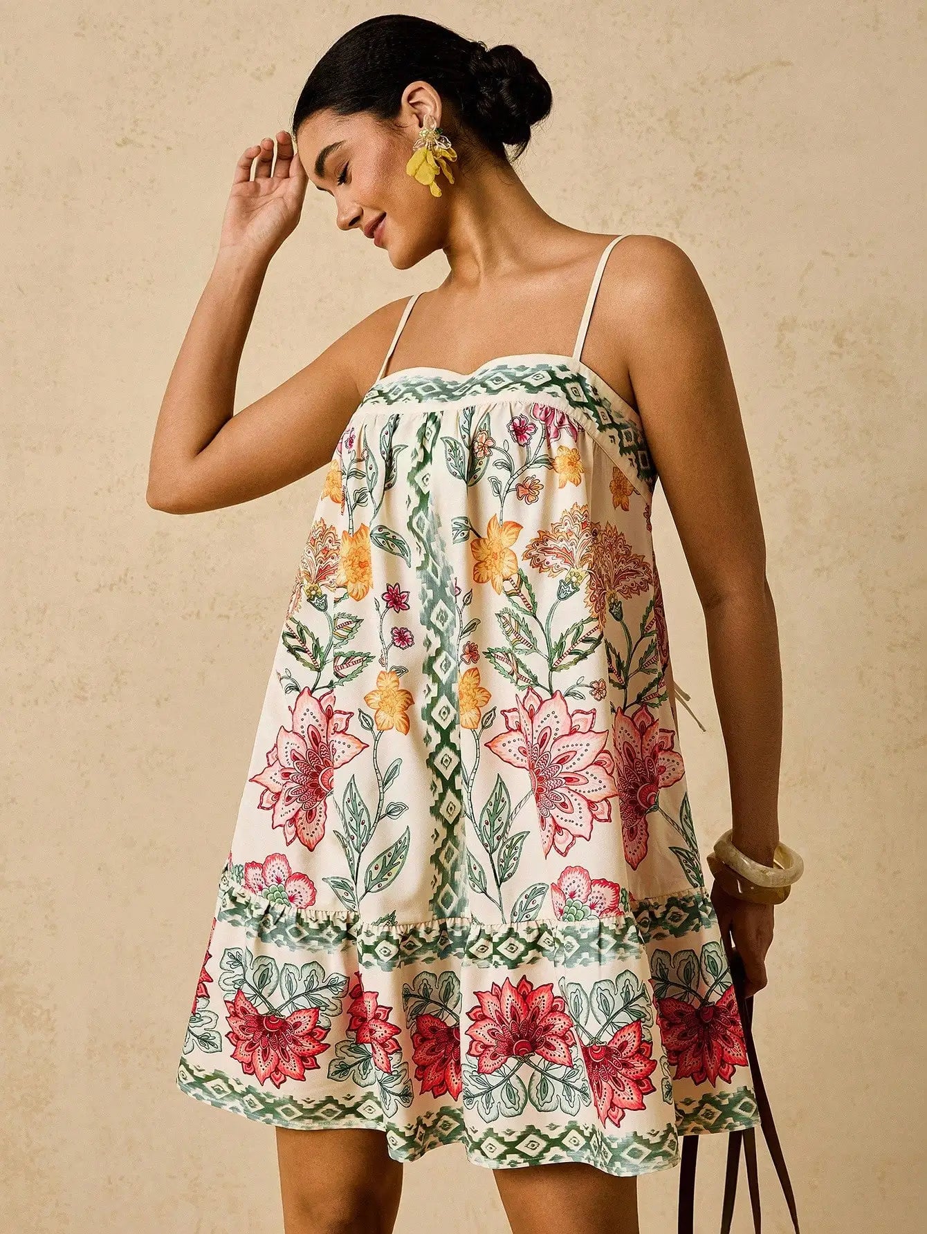 Boho Floral Print Plus Size Sundress with Green Geometric Trim, Summer Vacation Dress