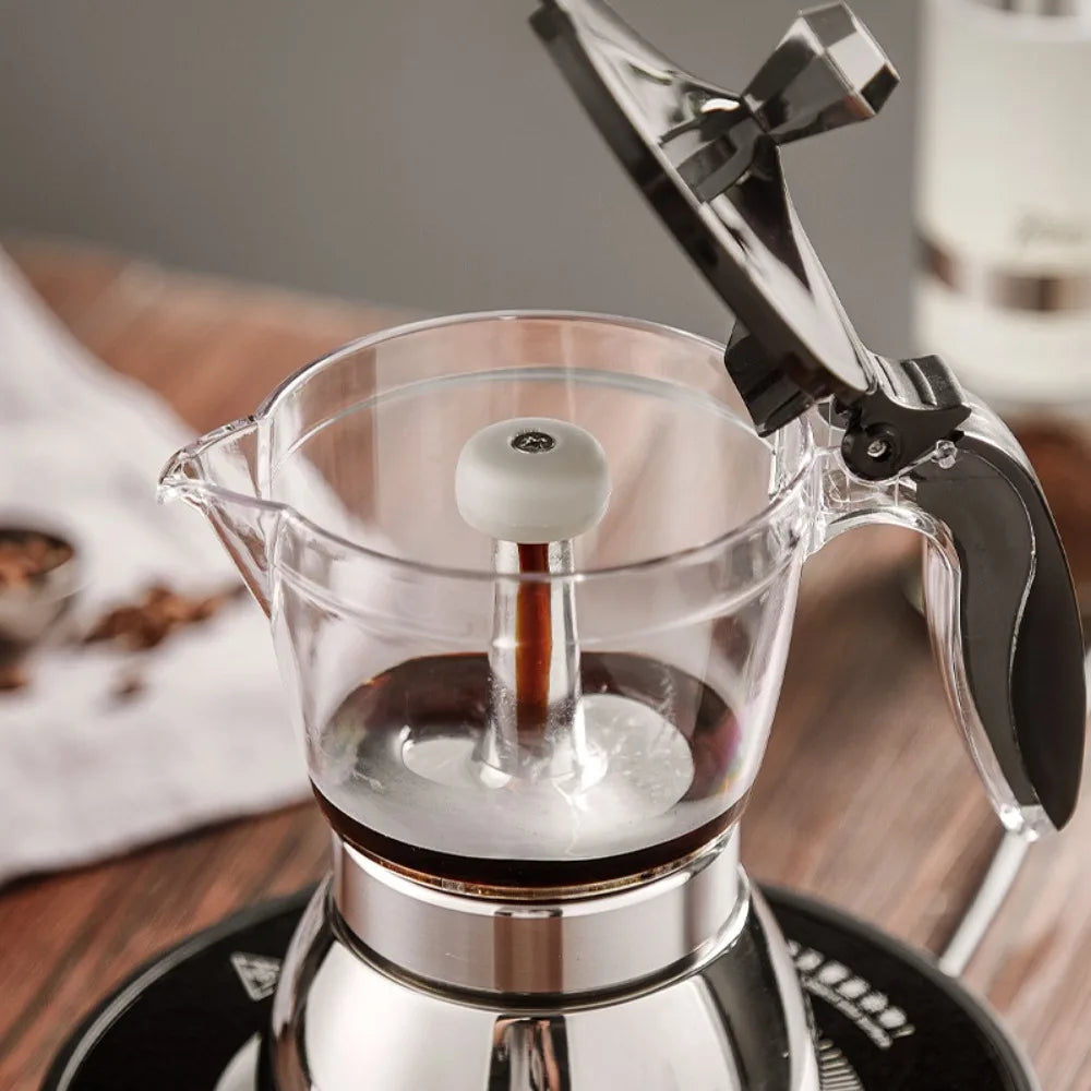 4/6 Cups Visible Moka Pot Transparent Pot Body Stainless Steel Coffee Maker Pot Universal Espresso Italian Coffee Machine