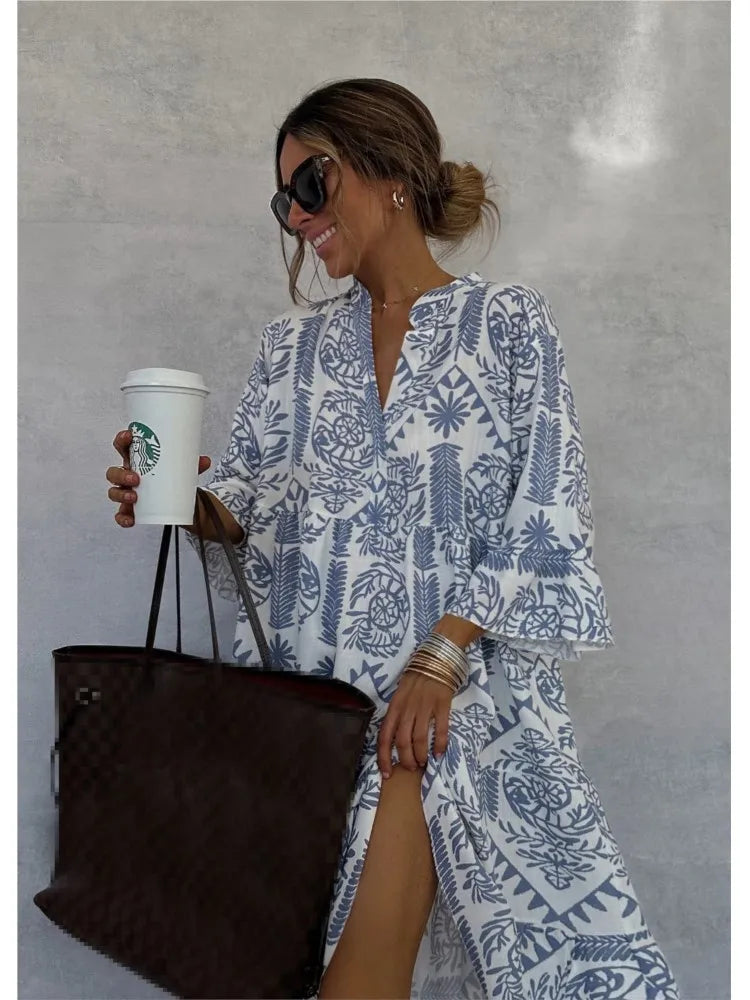 Casual Bohemian Style Print Midi Dresses Women Fashion V-neck 3/4 Sleeve Loose Shirt Dress Summer Female Beach Dress Vestidos