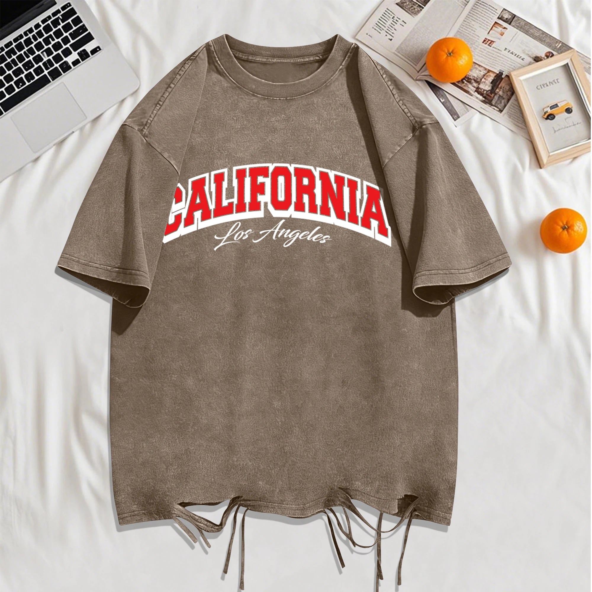 California Los Angeles City Art Letter Snow Wash Holes T-Shirt Mans Cotton Retro Tee All-Match Sportwear O-Neck Loose Clothing