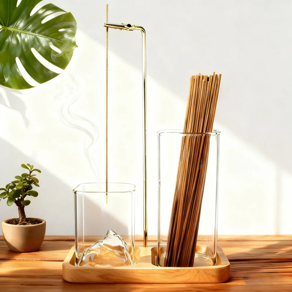2 in 1 Fragrance Rack Anti-ash Aromatherapy Stove, Removable 3D Volcanic Glass Ash Tray with Walnut Base (suitable for Incense)