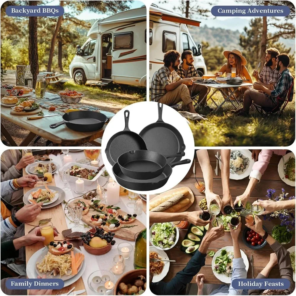 Cast Iron Skillets Round Reusable Frying Pans Griddle Egg Pan Suitable for Indoor Outdoor Stove Grill Home Kitchen Cookware