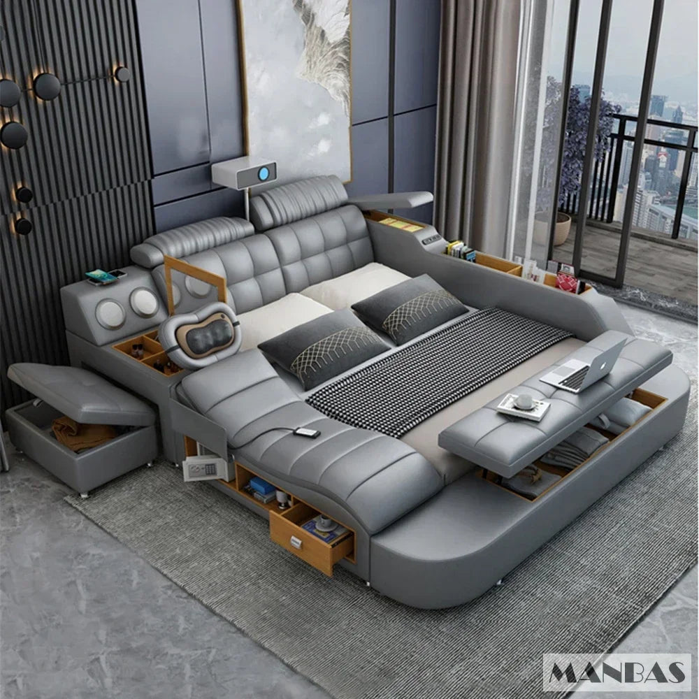 D MANBAS Tech Smart Genuine Leather Bed | Multifunctional Ultimate Beds | Massage Tatami Bed With Projecter | Upholstered Cama