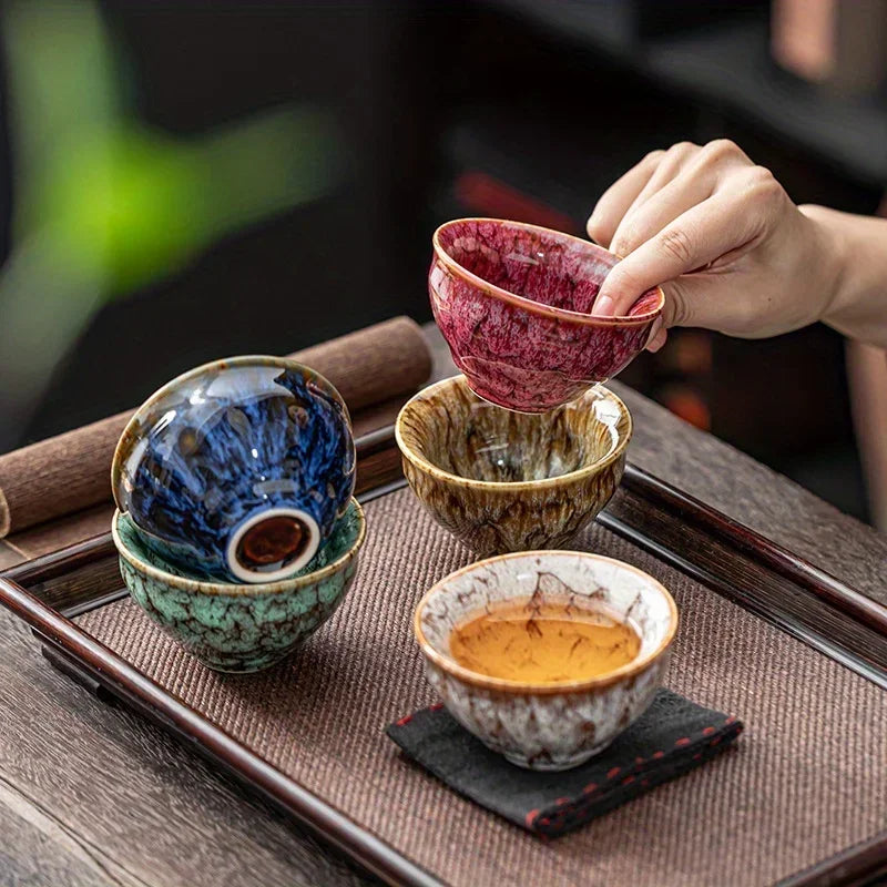 A Set of Handmade Ceramic Teacups, A Total of 5 Pieces, Traditional Kiln-changed Wuxing Kung Fu Teacup, Jianzhan Style