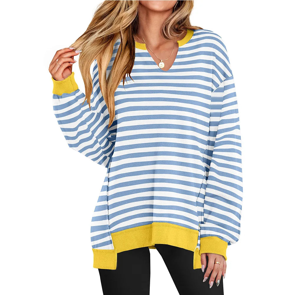 2026 Spring Sweatshirts Women Sweatshirt Tops V Neck Full Sleeve Y2k Streetwear Work Casual Loose Elegant Striped Top Autumn