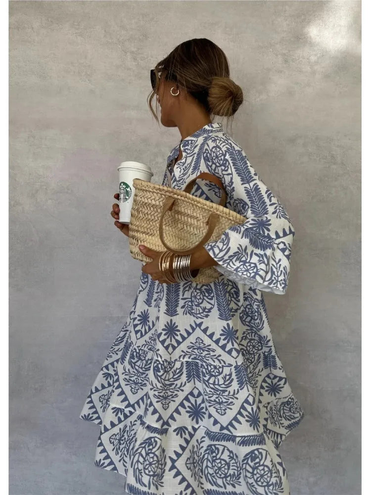 Casual Bohemian Style Print Midi Dresses Women Fashion V-neck 3/4 Sleeve Loose Shirt Dress Summer Female Beach Dress Vestidos