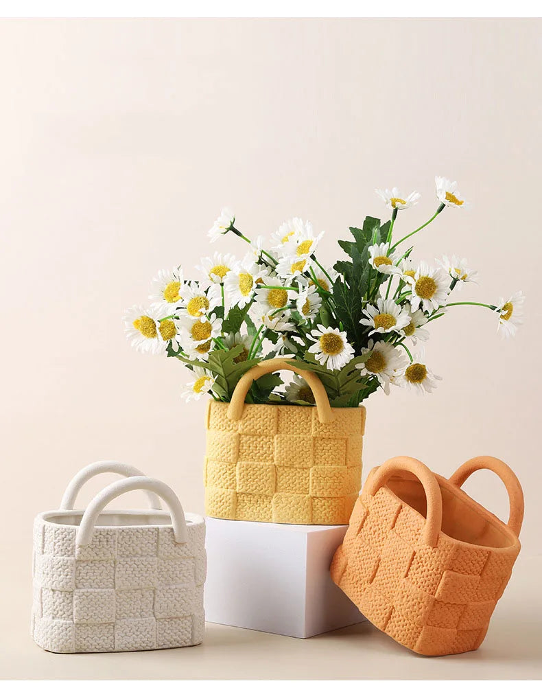 Creative Woven Handbag Vase Ceramic Flower Pots Decorative Flower Arrangement Desk Decoration Ornaments Crafts Floral Vases