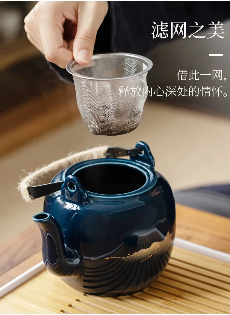 Black glaze large-capacity tea set, simple ceramic beam pot, teacup whole tea pot set  tea set  tea pot and cup set
