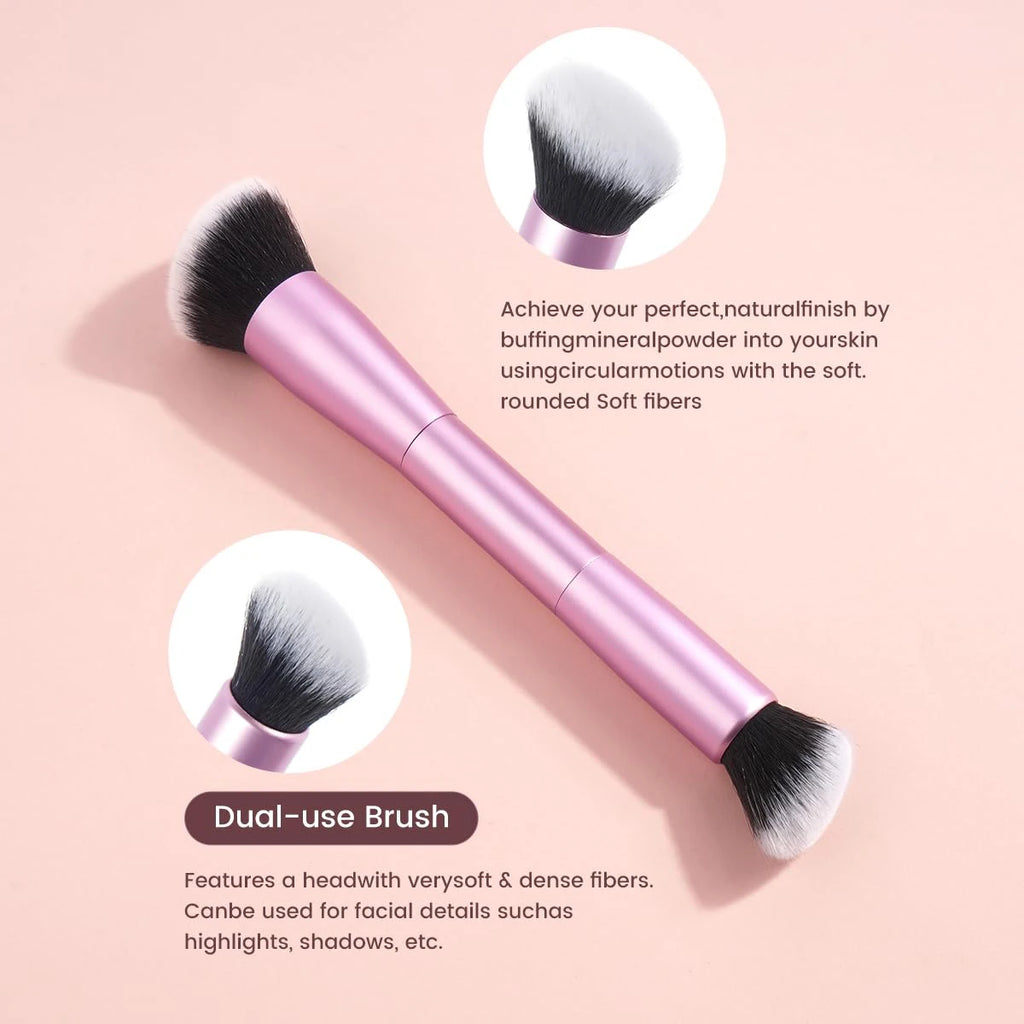 15 PCS Makeup Brushes Double-ended Makeup Brush Set Double Sided Angled/Round Top Brush Foundation Contour Blending Eyebrow Eyes