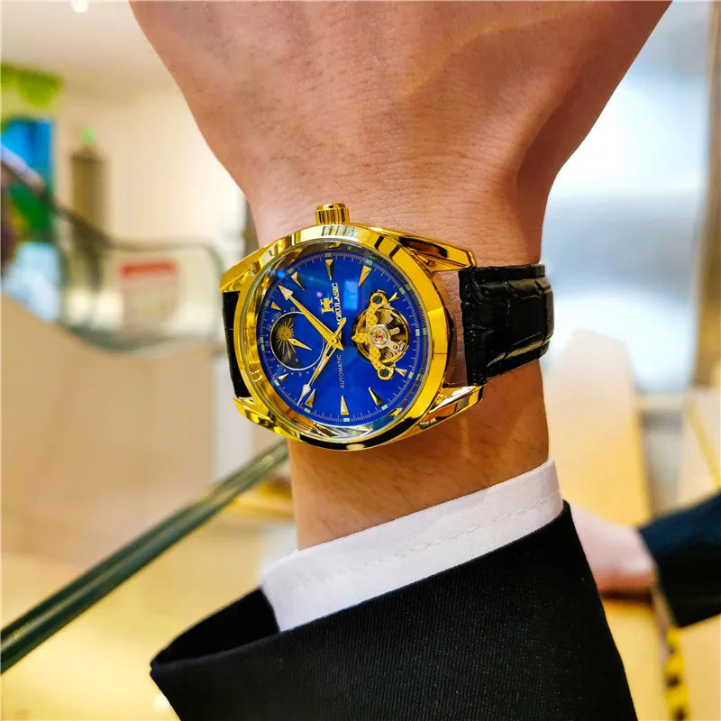 AOKULASIC Luxury Mens Automatic Mechanical Watch Moon Phase Stars Tourbillon Luminous Waterproof Fashion Wristwatch