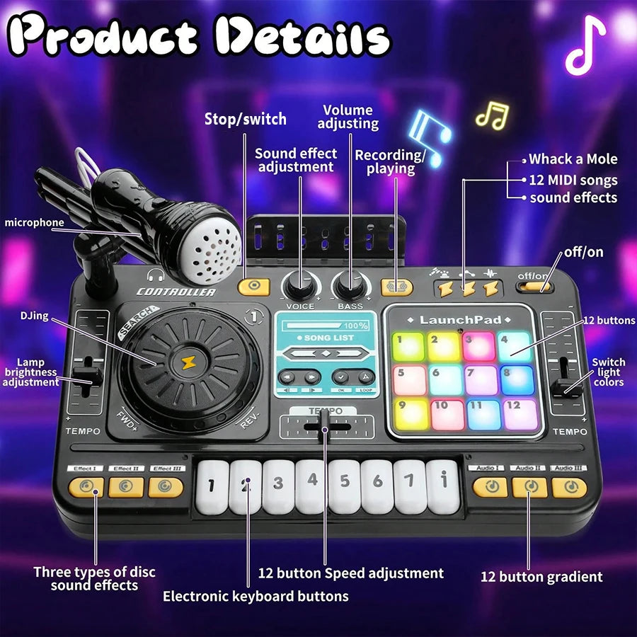 DJ Mixer for Kids, Toddler DJ Mixing Table with DJ Turntable, Game Mode, Light & Speed Control and Microphone, Gifts for 3 4 5 6