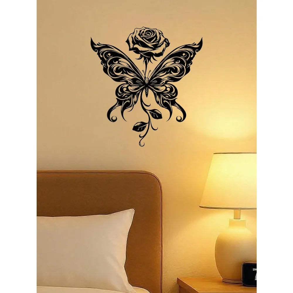 "Eternal Bloom" Metal Wall Art Black Butterfly Rose Sculpture, Minimalist Matte Iron Decor for Living Room Bedroom, Modern Home