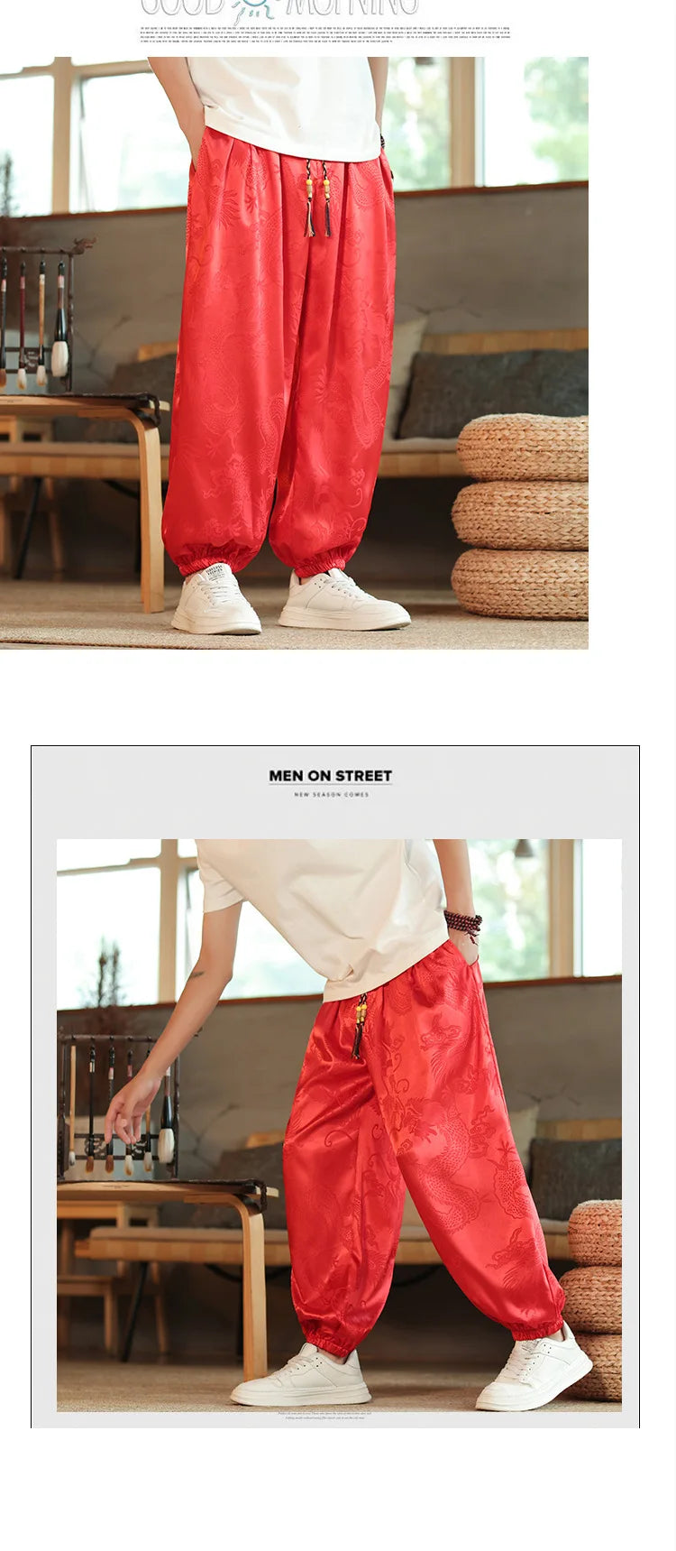 2026 Men's Chinese Style Pants Summer Ice Silk Casual Trousers Vintage Dragon Print High Quality Loose Wide Leg Harem Pants Male