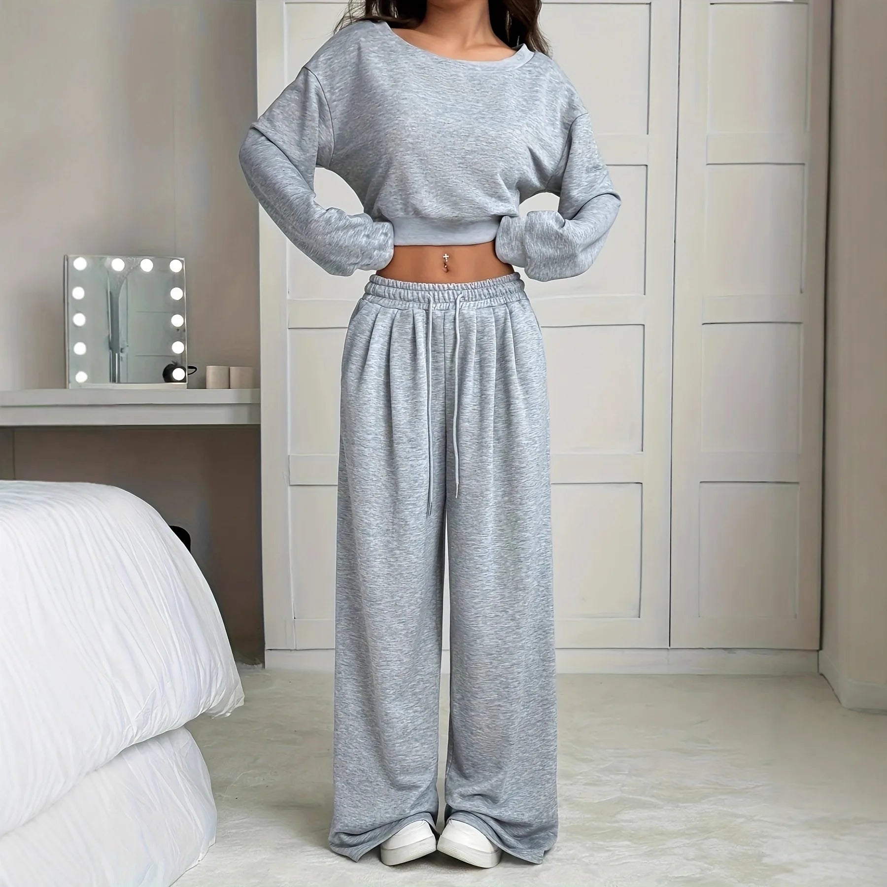2025 Autumn European and American Solid Color Sports Pants for Women with High Waist Drooping Wide-leg Sweatpants Suit