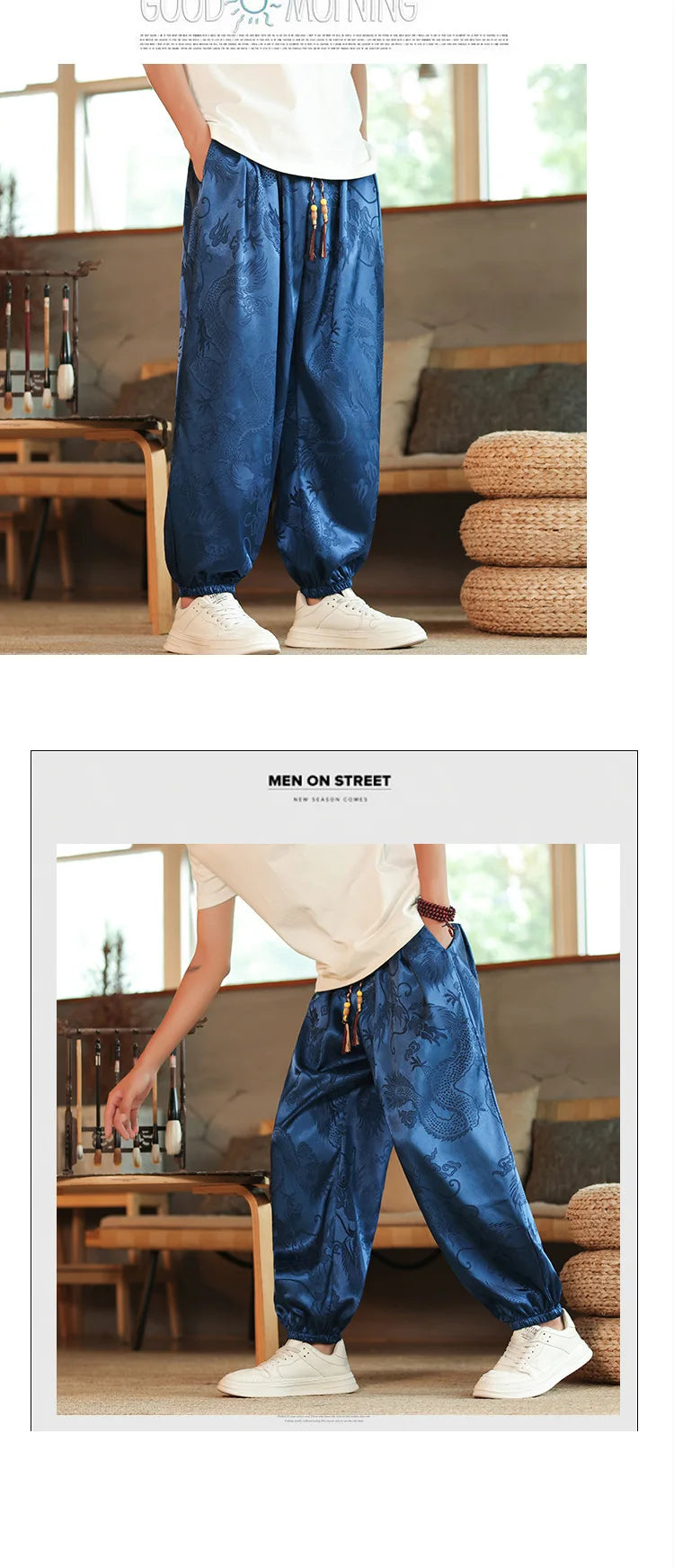2026 Men's Chinese Style Pants Summer Ice Silk Casual Trousers Vintage Dragon Print High Quality Loose Wide Leg Harem Pants Male