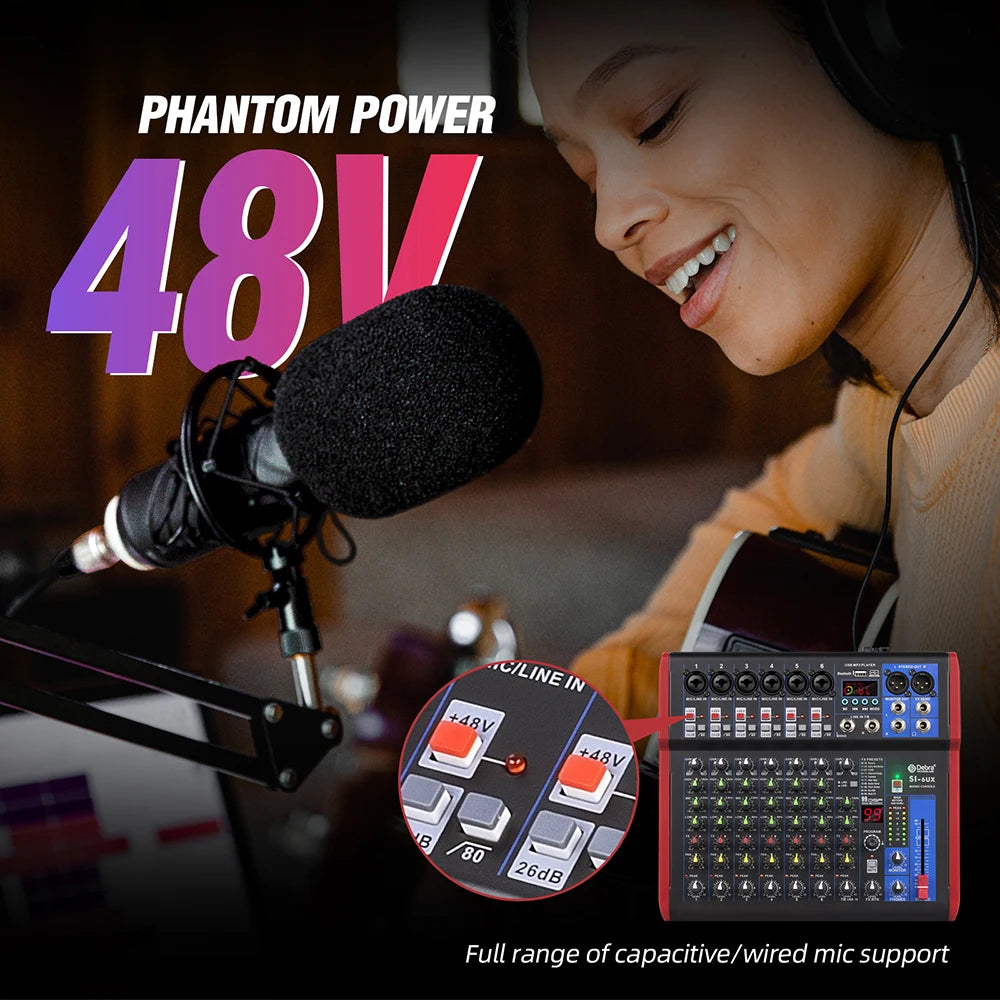 4 6 8-channel portable audio mixer, 99 DSP digital effects, Bluetooth 5.0 USB tuner for DJ consoles, karaoke, music festivals