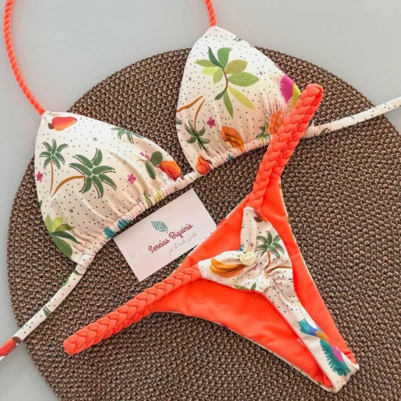 2026 New Bikinis Women Swimsuit Sexy Swimwear Halter Bikini Set Lace-up Biquine Brasileiro Thong Print Beachwear Party Wear