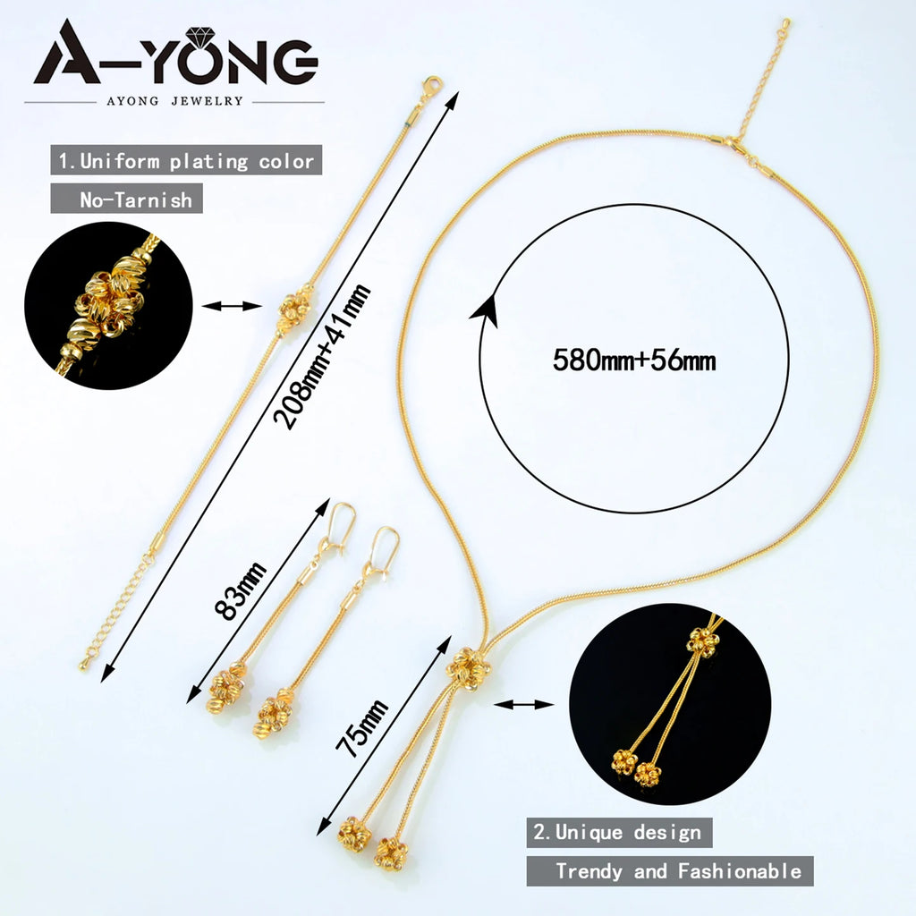 Arabic Gold Beads Jewelry Set 21k Gold Plated Dubai Women Bride Wedding Necklace Bracelet Earrings Ethiopian Fashion Jewellry