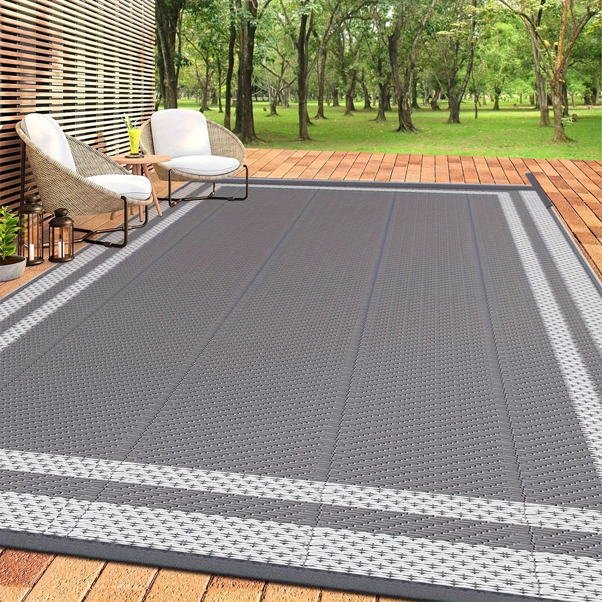 6' x 9' Outdoor Mat with Ground Pegs - Durable PP Material, Gray and White Grid Pattern, Perfect for Patio, Camping and Outdoor