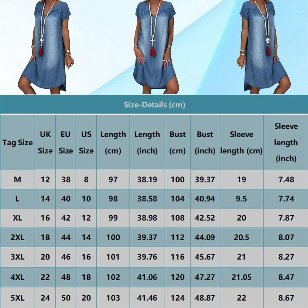 Denim Dress Swing Summer Dress Plus Size 1XL-5XL Women's New Fashion Casual Solid V Neck Long Party Loose Short Sleeve