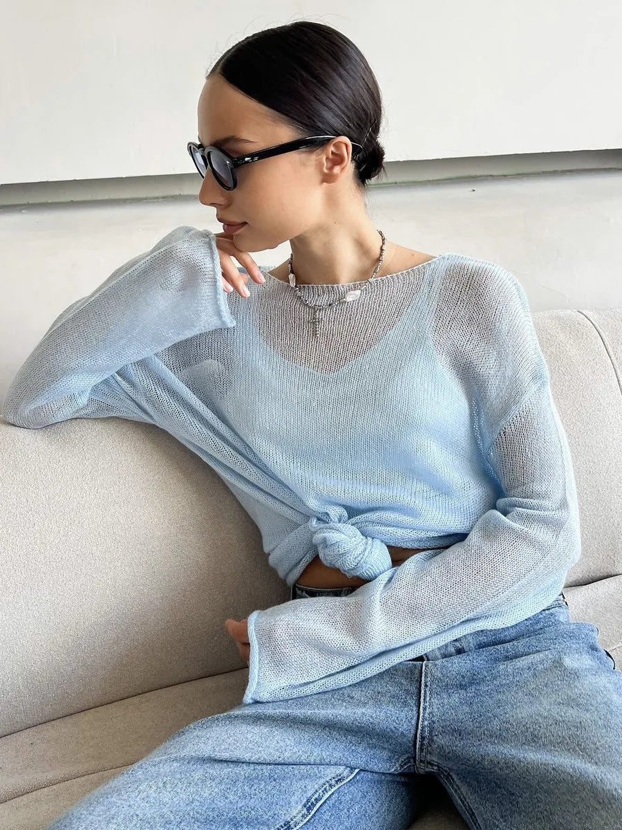 2025New Spring and Autumn Hollow Out Sweater for Women European and American StyleinsSoft and Loose Knitted Long Sleeve Cover-Up