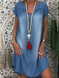 Denim Dress Swing Summer Dress Plus Size 1XL-5XL Women's New Fashion Casual Solid V Neck Long Party Loose Short Sleeve