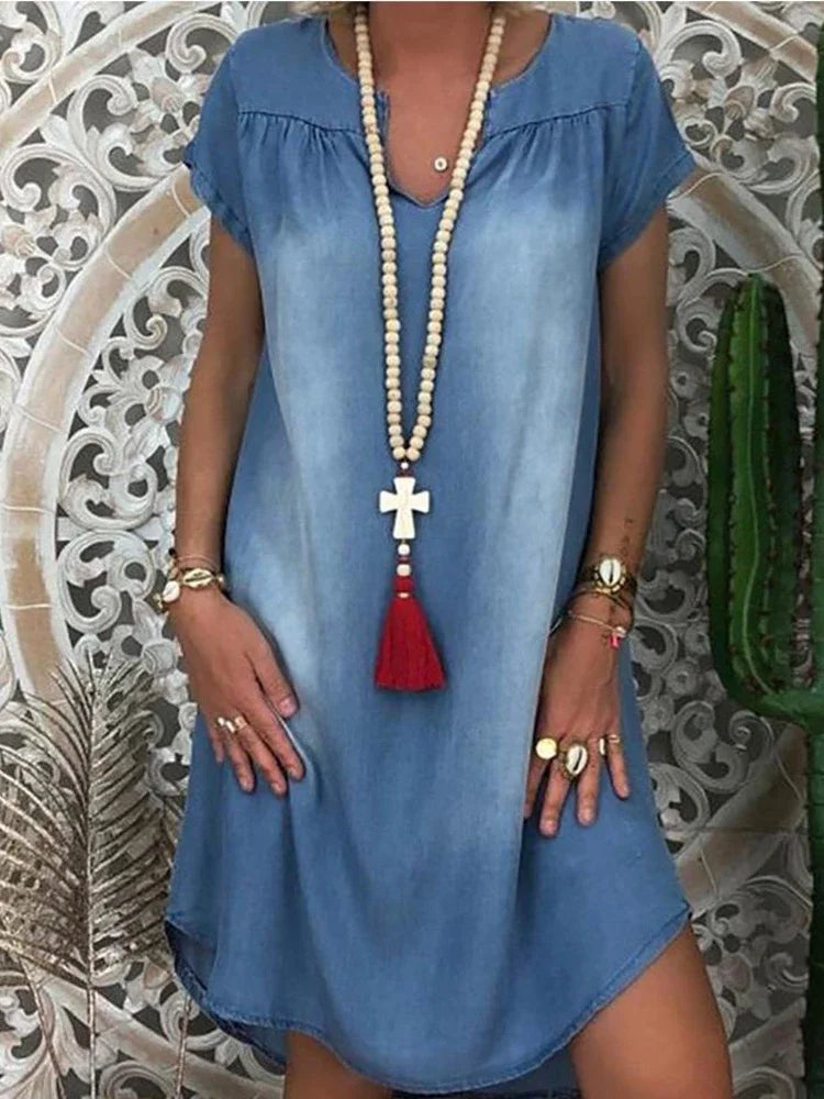 Denim Dress Swing Summer Dress Plus Size 1XL-5XL Women's New Fashion Casual Solid V Neck Long Party Loose Short Sleeve