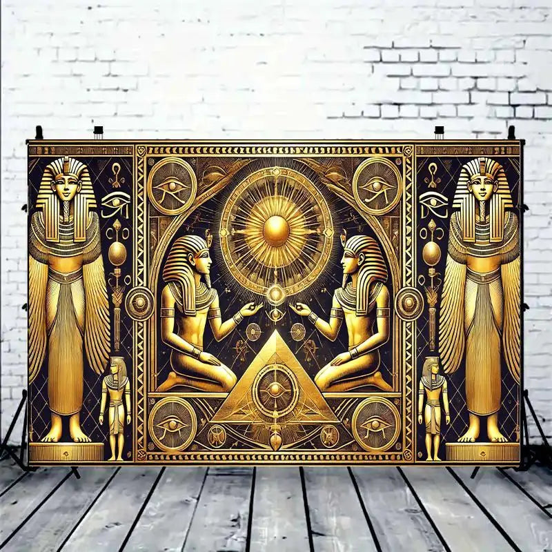 1 ancient Egyptian art party banner with pictographic symbols, designed in gold and black