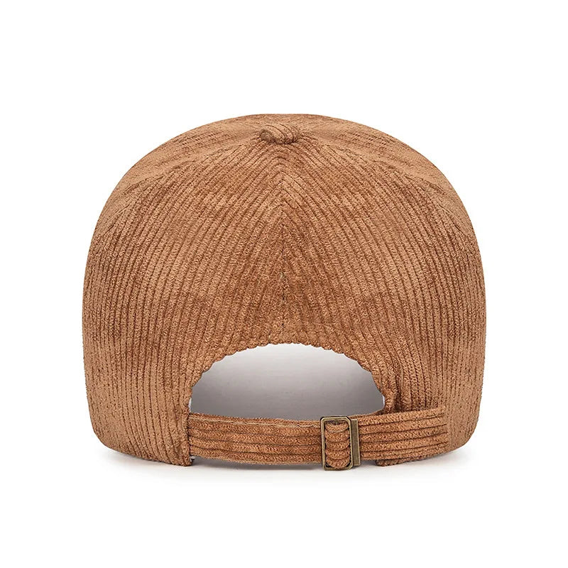 Corduroy Baseball Cap with 3D Embroidered 'R' Letter Solid Color Adjustable Structured Hat Stylish Fall and Winter Accessory