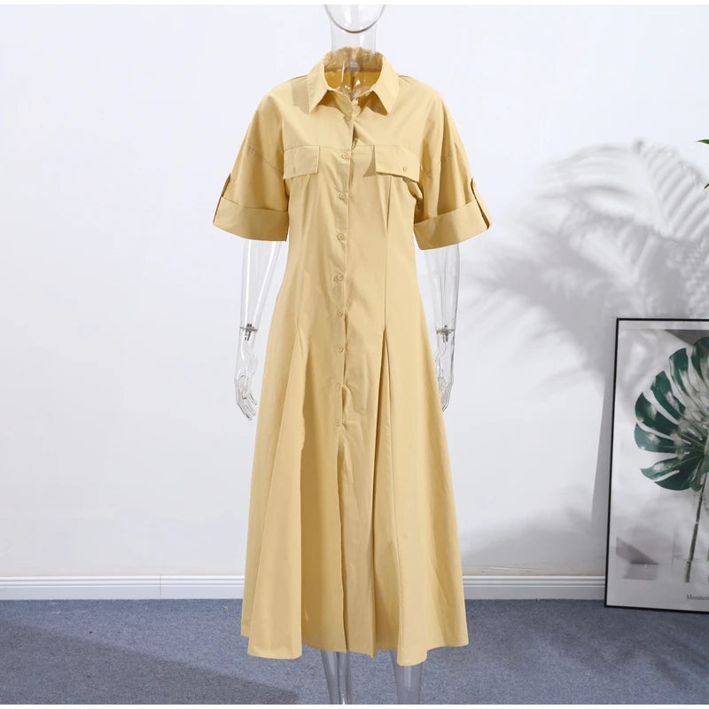 Casual Striped Women Summer Dress Lapel Single Breast Half Sleeve Slim Waist Long Dresses 2025 Autumn Lady Fashion Vacation Robe