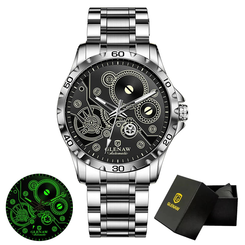 2025 New Glenaw Watches Gear Mechanical All Luminous Design Style Stainless Steel Waterproof Mechanical Watch Men Clock GL8688