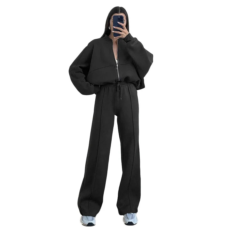 European American women's clothing autumn and winter suit new fashion solid color casual loose street sports sweater suit women