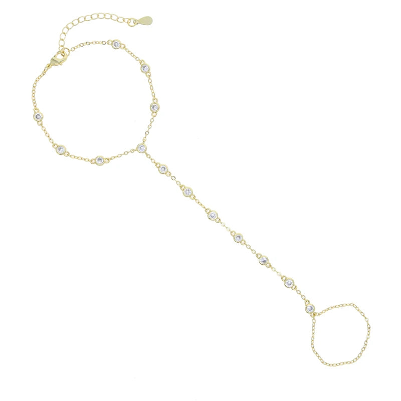 2023 Summer Jewelry Pendant Link Chain Ring Bracelet for Women White Green Blue Stone CZ Gold Plated Adjust Bracelet Accessories