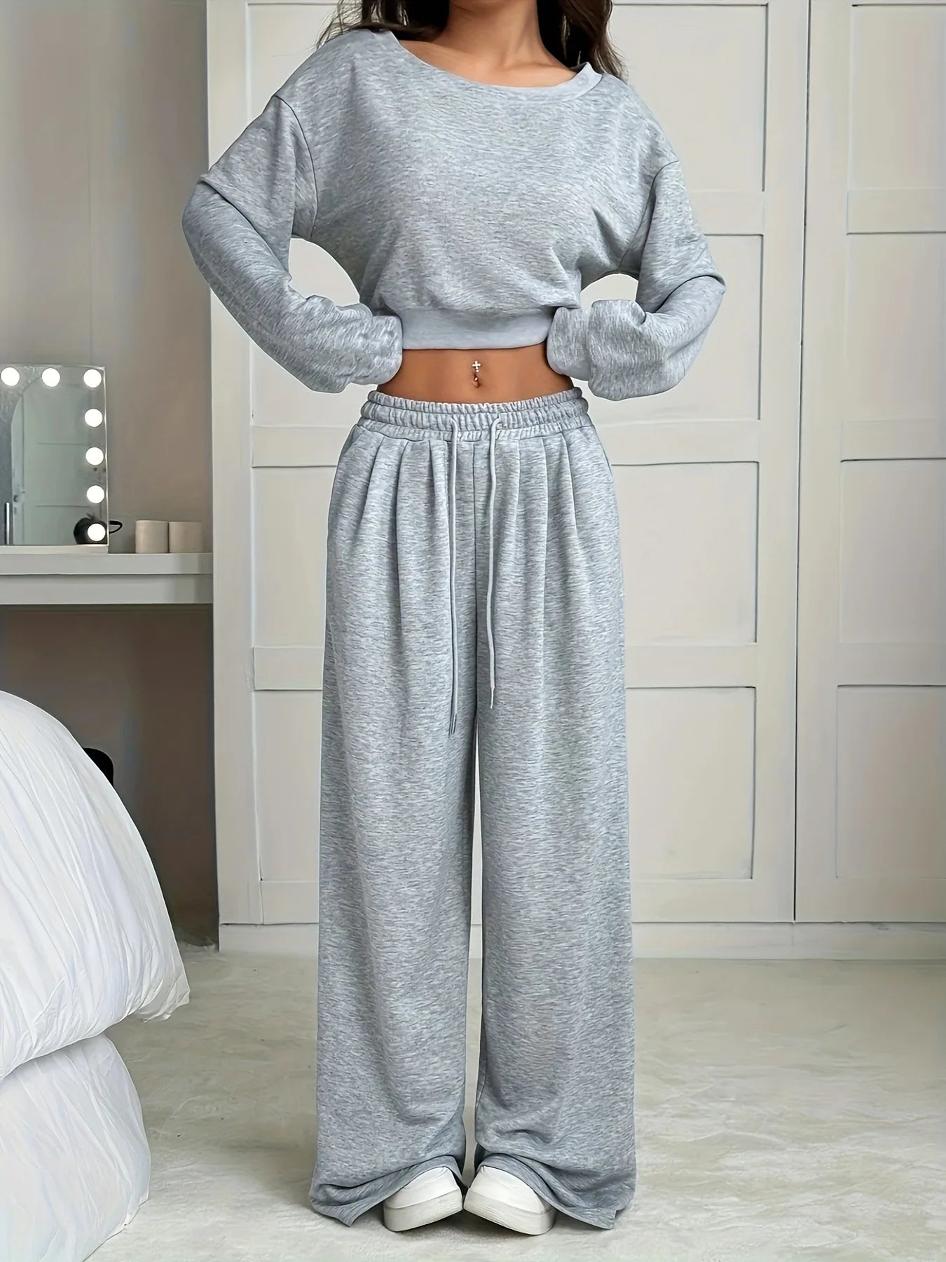 2025 Autumn European and American Solid Color Sports Pants for Women with High Waist Drooping Wide-leg Sweatpants Suit