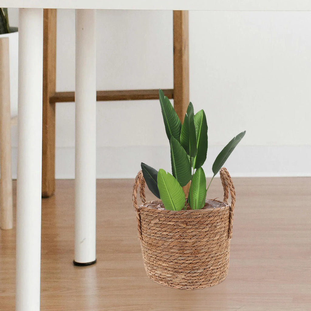 1Pcs Braided Seagrass Flowerpot 25Cm Vintage Style Planter with Plastic Liner Ideal for Artificial Plants and Desktop Storage